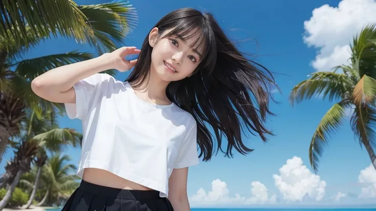 Stand to the right、8K、Detailed Description、Very high definition、Realistic、reality的、Real、live-action、reality、High resolution、Nogizaka46、japanese idol,beautiful girl、21 years old、Dark brown eyes、sunny、summer、blue sky、Beautiful tropical beach view、Back view、l...