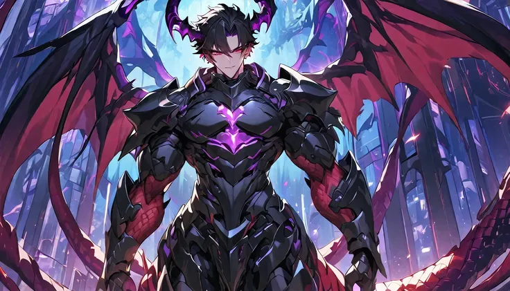 best quality, one, beautiful, 1 man, with a sporty body, v-shaped body, black detailed armor with glowing purple details, black ...