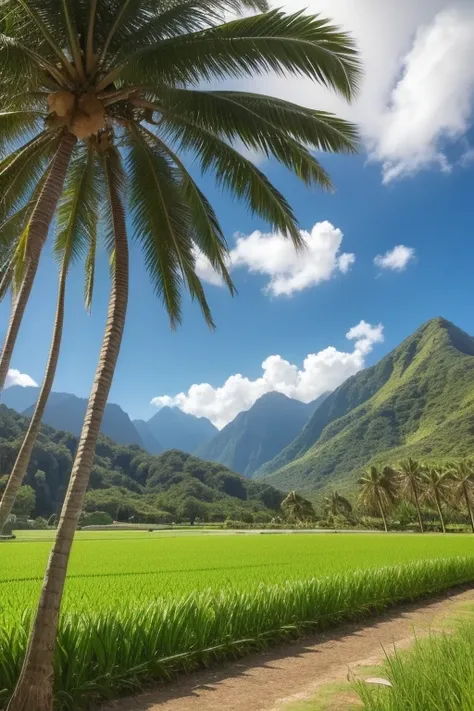 a lush green rice field, a beautiful mountain range in the background, many tall coconut palm trees swaying in the breeze, a cloudy sky overhead, detailed landscape, realistic, photorealistic, photo-realistic:1.37, best quality,4k,8k,highres,masterpiece:1....