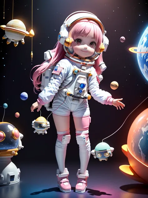 Super cute girl full body 3D drawing,1,Nice eyes,big eyes,Lovely,having fun,c4d,Matte blind box,Long pink hair,Glowing bubbles,Toy,Solid color background,tRed Cliff,Fluorescence transmission,illuminator, Kawaii,baby,(((astronaut,Space suit))),Reference tab...