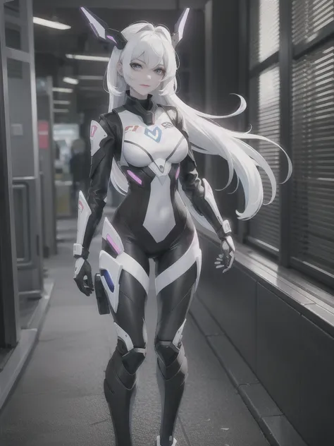 Beautiful girl full body photo Unreal Engine 5 8K UHD, white hair, Wearing a futuristic black tight combat suit, Half face cyberpunk mask, Futuristic Collar, white light details, make up, best quality, masterpiece