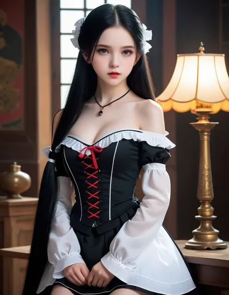 A girl around 13 years old，Pale skin，Very long hair, Black straight hair. Large target、black eyes , With a strong and mysterious expression. Dressed in orphan clothing style, More elegant and refined, Something that matches her mysterious and strong person...