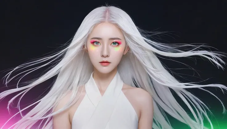 masterpiece, best quality, High_quality, High_solve, masterpiece*Wear, Whitespace, rich and colorful, 1 Girl, Solitary, White_hair, prism hair, [pink|green] Eye, gradient Eye, multicolored Eye, Luminescence Eye, Luminescence, flash, Luminescence White part...