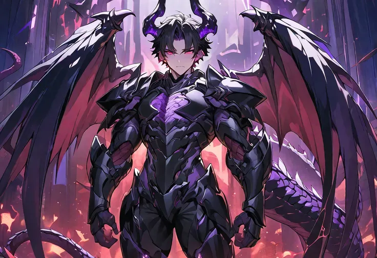 best quality, one, beautiful, 1 man, with a sporty body, v-shaped body, black detailed armor with glowing purple details, black ...