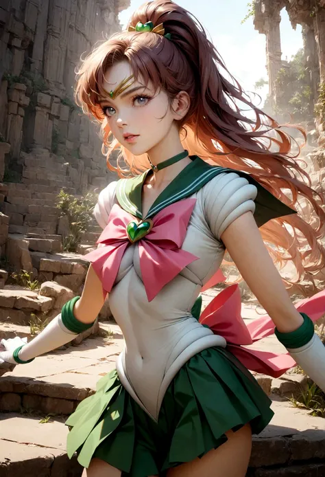 1girl, sailor jupiter, bishoujo senshi sailor moon, elegant detailed eyes, detailed facial features, long eyelashes, beautiful d...