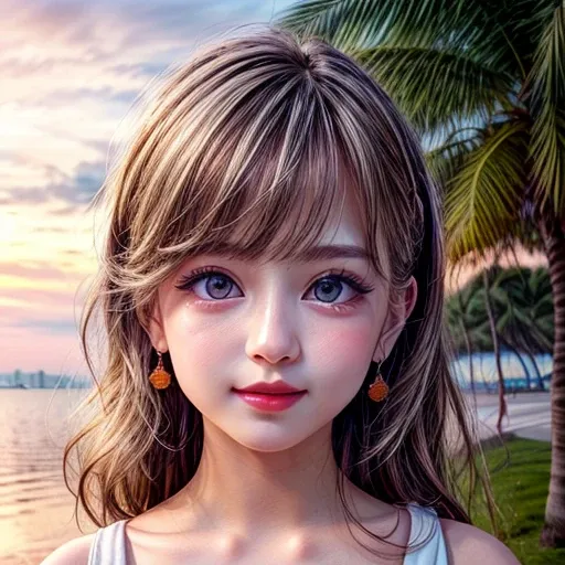 (Acutance:0.85), (Masterpiece Ultra-detailed RAW photorealistic:1.37), Tiny girl wearing tube-top dress、Tropical Beach、evening、Stroll along the beach、(Gazing at the sunset, colorful sky)、(Orange rays illuminating face, close-up:1.4), Gust of wind . (((Extr...