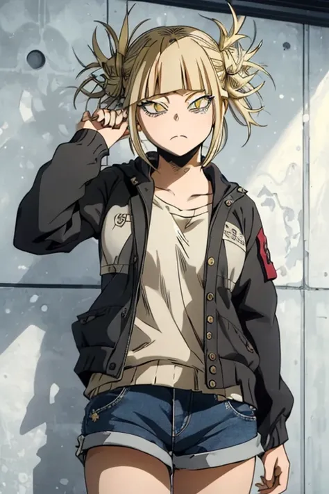 (1 girl),(Masterpiece),(High quality image),(perfect workmanship),(perfect image quality),(perfect image resolution),(himiko toga),(anime),+,(Boku no hero academia),(Yellow eyes with cats pupils),(short blonde hair with polka dots),(wearing),+,(a black jac...