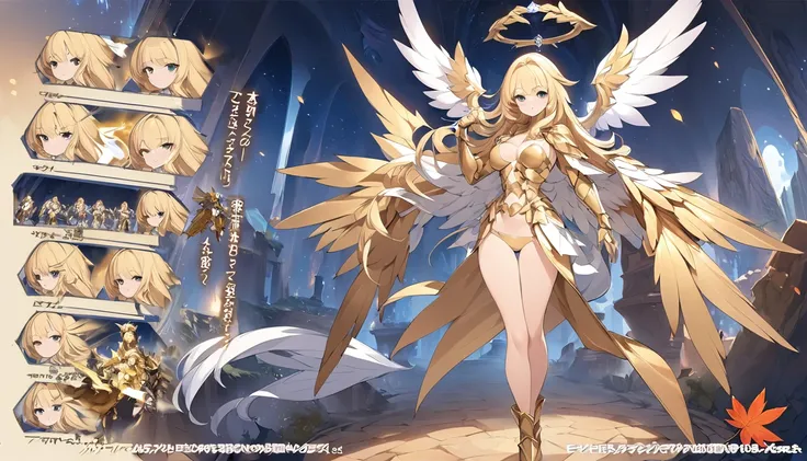 best quality)), ((masterpiece)), (detailed), Top quality、Top image quality、masterpiece，Perfect body， Exquisite and detailed facial features，，Full body shot，A woman in a white and gold costume with wings,Bikini， Angel Gold Armor, majestic angel, angel knigh...