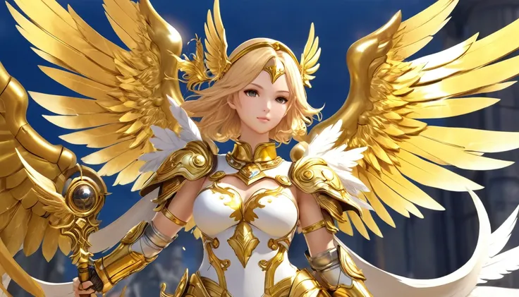 best quality)), ((masterpiece)), (detailed), Top quality、Top image quality、masterpiece，Perfect body， Exquisite and detailed facial features，，Full body shot，A woman in a white and gold costume with wings,Bikini， Angel Gold Armor, majestic angel, angel knigh...