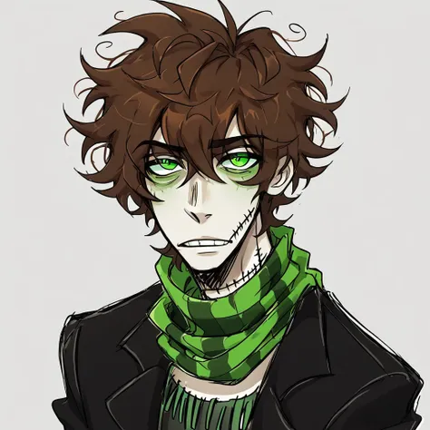 1man,mature male,  stitches, scarf,  coat, halfbody, grunge, sketchy lines, messy hair, green eyes, evil, brown hair