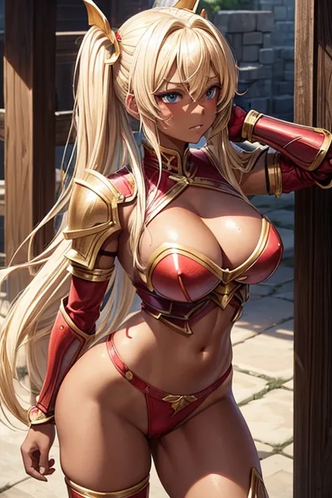 blonde haired female paladin, skimpy red and white armor, long blonde pigtails, horny expression, lewd, horny, beaten up, tanned skin, dark skin, bruised, cleavage, big chest 