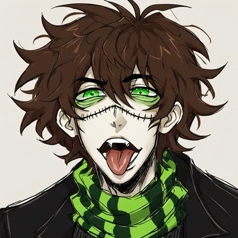 1man,mature male,  stitches, scarf,  coat, halfbody, grunge, sketchy lines, messy hair, green eyes, evil, brown hair, open mouth...