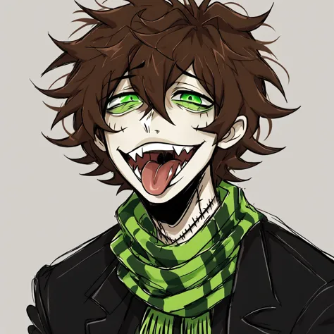 1man,mature male,  stitches, scarf,  coat, halfbody, grunge, sketchy lines, messy hair, green eyes, evil, brown hair, open mouth, tongue , front 