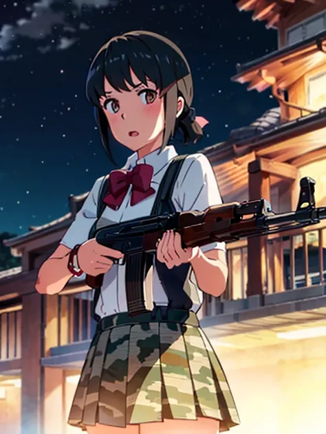 shinkai makoto, blonde hair, hazel eyes, kimi no na wa., 1girl, bangs, black hair, blush, brown eyes, Suspender Clothes, looking at the viewer, camouflage pattern, red bow, red headband, red ribbon, short hair, cute, solo, skirt, short sleeves, open mouth,...