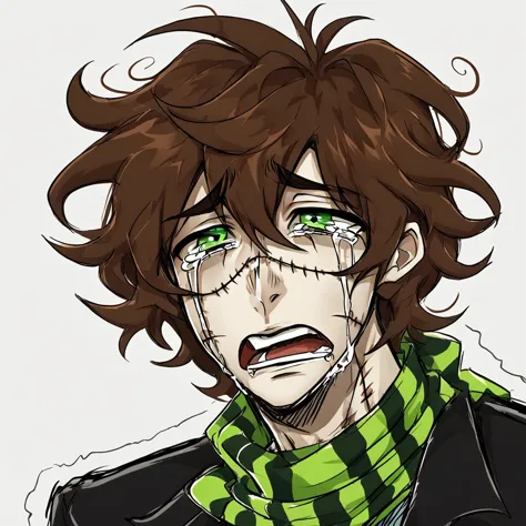 1man,mature male,  stitches, scarf,  coat, halfbody, grunge, sketchy lines, messy hair, green eyes, evil, brown hair, open mouth...