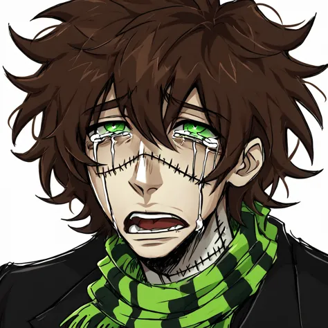 1man,mature male,  stitches, scarf,  coat, halfbody, grunge, sketchy lines, messy hair, green eyes, evil, brown hair, open mouth...