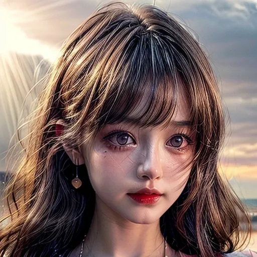 (Acutance:0.85), (Masterpiece Ultra-detailed RAW photorealistic:1.37), Tiny girl wearing tube-top dress、Tropical Beach、evening、Stroll along the beach、(Gazing at the sunset, colorful sky)、(Orange rays illuminating face, close-up:1.4), Gust of wind . (((Extr...