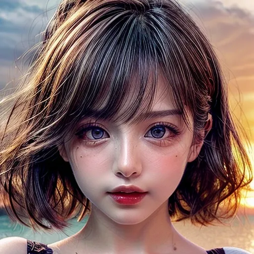 (Acutance:0.85), Masterpiece of 8K Ultra-detailed, (RAW photorealistic:1.37), Tiny girl wearing tube-top dress、Tropical Beach、evening、Stroll along the beach、(Gazing at the sunset, colorful sky)、(Orange rays illuminating face, close-up:1.4), Gust of wind . ...