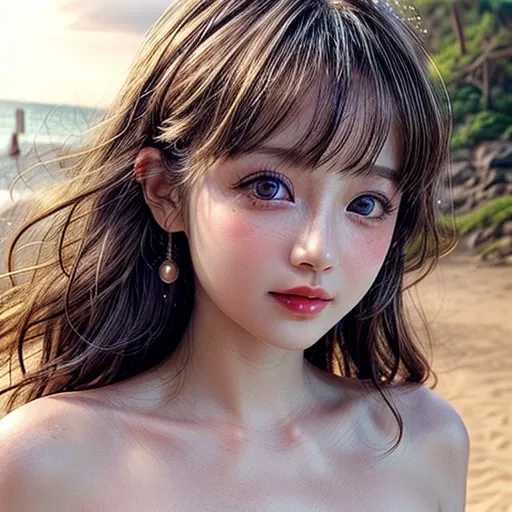 (Acutance:0.85), Masterpiece of 8K Ultra-detailed, (RAW photorealistic:1.37), Tiny girl wearing tube-top dress、Tropical Beach、evening、Stroll along the beach、(Gazing at the sunset, colorful sky)、(Orange rays illuminating face, close-up:1.4), Gust of wind . ...