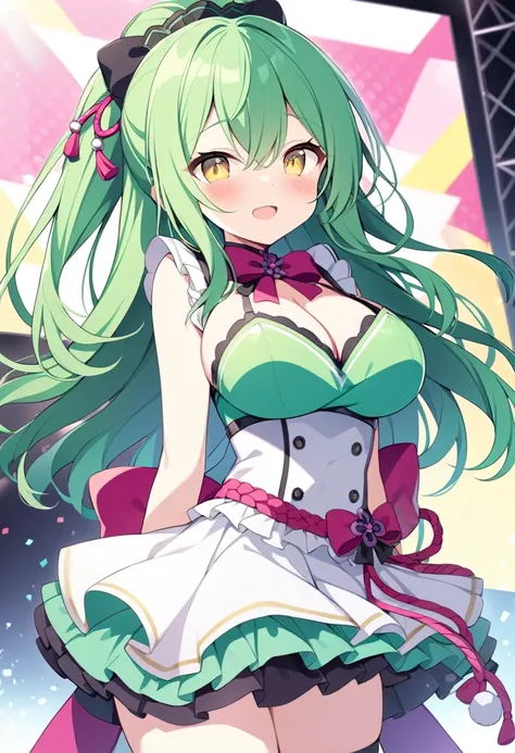 KOKONOESHINOBU, GREEN HAIR,  LONG HAIR, YELLOW EYES,, large breasts, live stage, solo,
