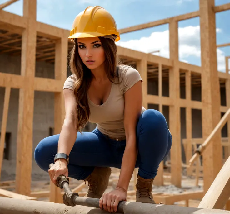 beautiful sexy girl in tight clothes and protective helmet working at a construction site, bent over hammering nails