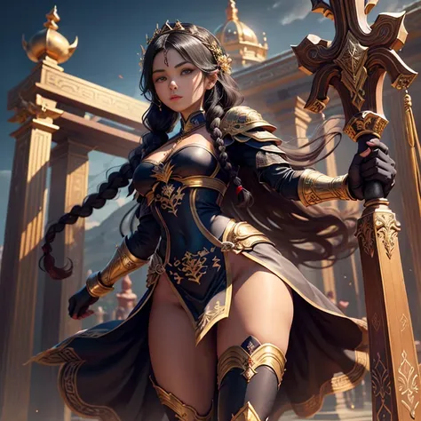 (1 girl standing) a muscular brown skin dark monk lady long black hair in a braid, wearing an intricated elaborated baroque dark blue armor golden ornaments, white bandages in hands and legs, holding a red stick, temple mountains background