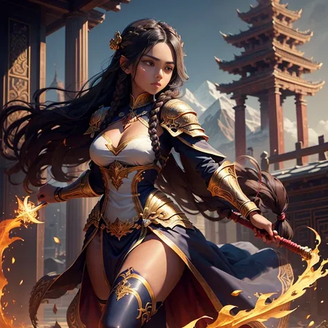 (1 girl standing) a muscular brown skin dark monk lady long black hair in a braid, wearing an intricated elaborated baroque dark blue armor golden ornaments, white bandages in hands and legs, holding a red stick, temple mountains background