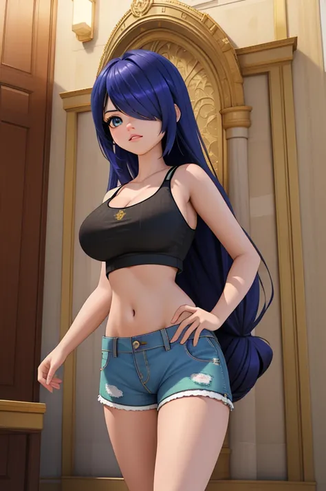 (8k, RAW photo, best quality, masterpiece:1.2), (intricate details), perfect eyes, perfect face, perfect lighting, beautiful, (masterpiece:1.2), (best quality:1.2), 1girl, solo, marinette, blue hair, ((long loosen hair, bangs over one eye )), adult torso, ...