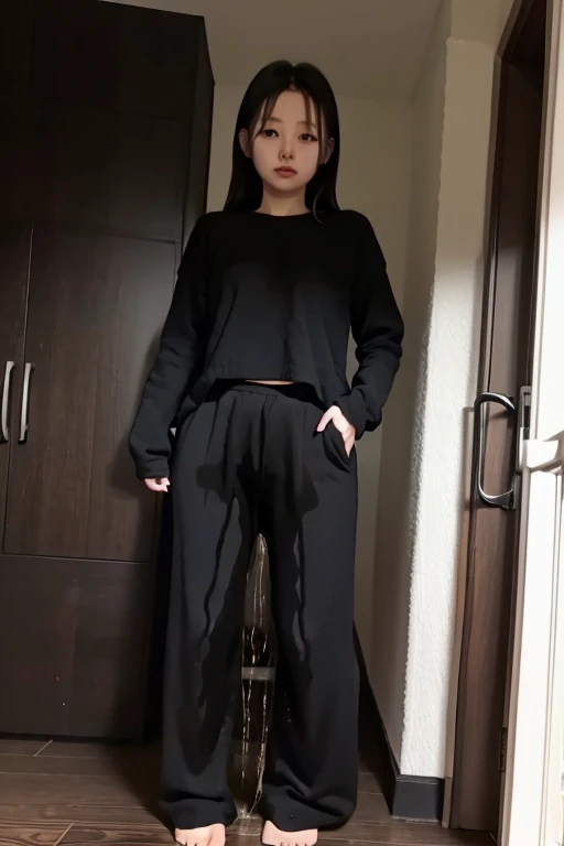 Japanese Girl sees the ghost and pees her black palazzo pants until her pants are wet in fright.