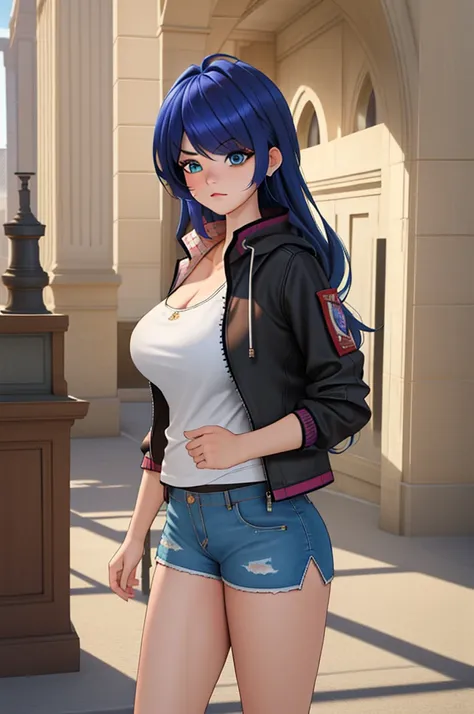 (8k, RAW photo, best quality, masterpiece:1.2), (intricate details), perfect eyes, perfect face, perfect lighting, beautiful, (masterpiece:1.2), (best quality:1.2), 1girl, solo, marinette, blue hair, ((long loosen hair, bangs over one eye )), adult torso, ...