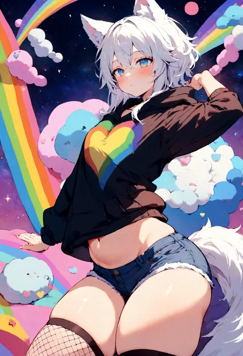 a cute adult male with wolf ears, white hair, has a wolf tail, wearing a loose cropped oversized black hoodie, wearing a pair of denim short shorts and fishnet stockings, thick thighs, wide hips, relaxing on mound of fluffy multi colored kawaii plushies, s...