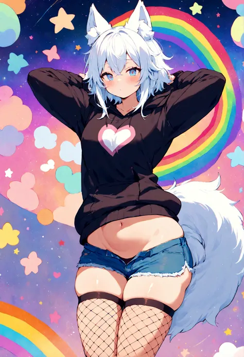 a cute adult male with wolf ears, white hair, has a wolf tail, wearing a loose cropped oversized black hoodie, wearing a pair of denim short shorts and fishnet stockings, thick thighs, wide hips, relaxing on mound of fluffy multi colored kawaii plushies, s...