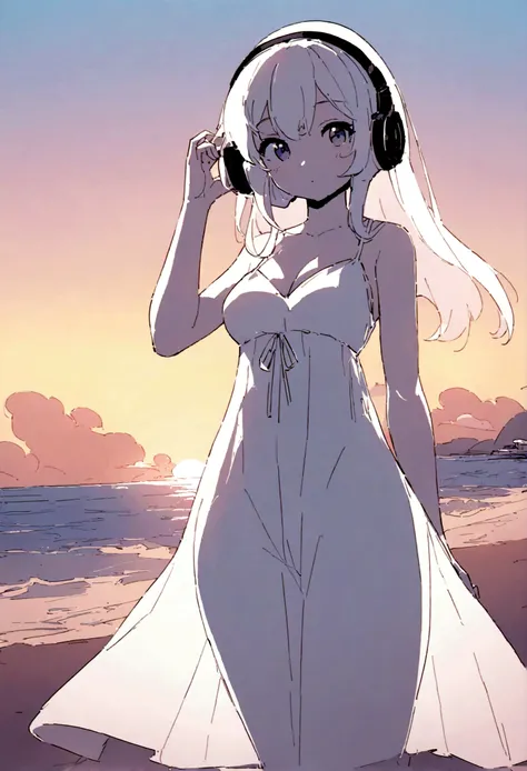 (masterpiece, highest quality: 1.2)156cm tall relaxing on the beach at Copacabana at sunset,Bust 85cm(D-Cup),Waist: 61cm,Girl with 84cm hips,Wearing a white summer dress, Use headphones, Anime-style 2D, Lo-Fi, High resolution, 16:9