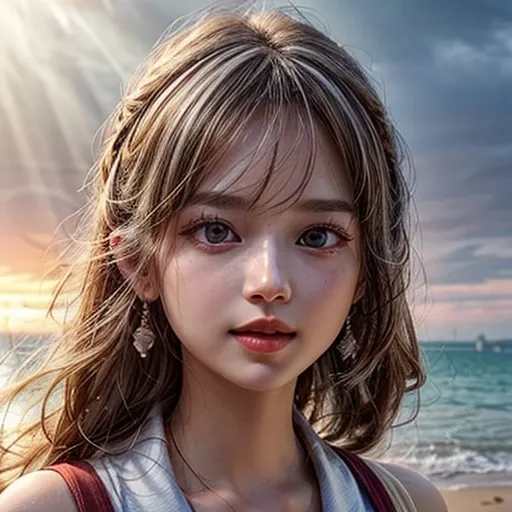 (Acutance:0.85), Masterpiece of 8K Ultra-detailed, Volumetric lighting, (RAW photorealistic:1.37), Tiny girl wearing tube-top dress、Tropical Beach、evening、Stroll along the beach、(Gazing at the sunset, colorful sky)、(Orange rays illuminating face, close-up:...