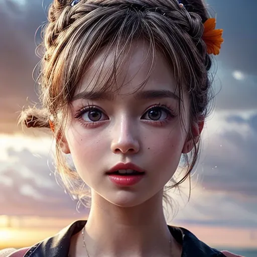 (Acutance:0.85), Masterpiece of 8K Ultra-detailed, Volumetric lighting, (RAW photorealistic:1.37), Tiny girl wearing tube-top dress、Tropical Beach、evening、Stroll along the beach、(Gazing at the sunset, colorful sky)、(Orange rays illuminating face, close-up:...