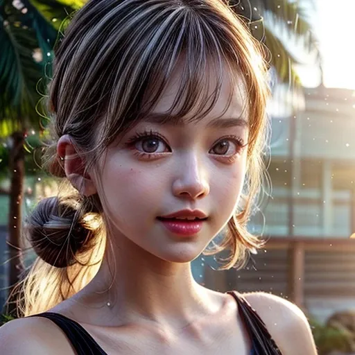 (Acutance:0.85), Masterpiece of 8K Ultra-detailed, Volumetric lighting, (RAW photorealistic:1.37), Tiny girl wearing tube-top dress、Tropical Beach、evening、Stroll along the beach、(Gazing at the sunset, colorful sky)、(Orange rays illuminating face, close-up:...