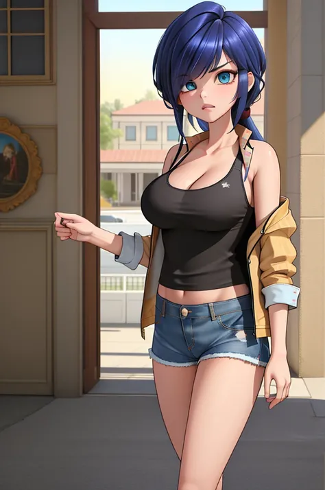 (8k, RAW photo, best quality, masterpiece:1.2), (intricate details), perfect eyes, perfect face, perfect lighting, beautiful, (masterpiece:1.2), (best quality:1.2), 1girl, solo, marinette, blue hair, ((long loosen hair, bangs over one eye )), adult torso, ...