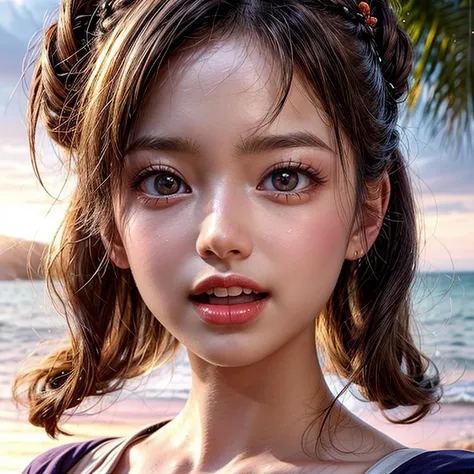 (Acutance:0.85), Masterpiece of 8K Ultra-detailed, Volumetric lighting, (RAW photorealistic:1.37), Tiny girl wearing tube-top dress、Tropical Beach、evening、Stroll along the beach、(Gazing at the sunset, colorful sky)、(Orange rays illuminating face, close-up:...