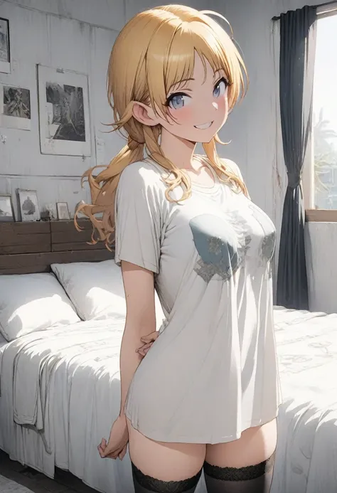 NSFW,(pale illustration,anime illustrations:1.2),(masterpiece, highest quality, so beautiful, Super detailed),textured skin, high details,8k,gleaming skin,pale outline

(hachimiya meguru, idolmaster:1.2),gold hair,

1 girl,(black Thighhighs:1.3),middle bre...