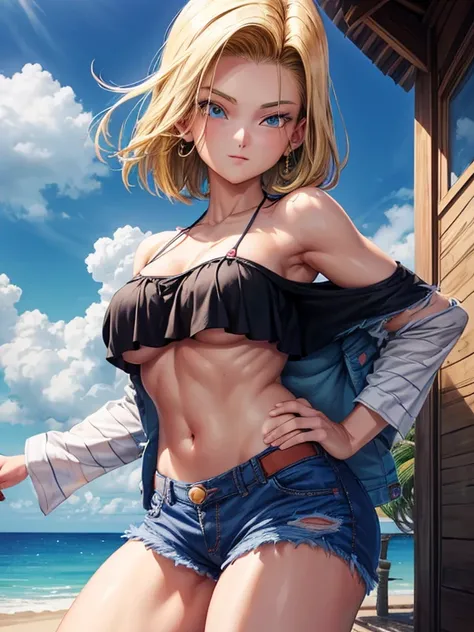 tmasterpiece， best qualtiy， ultra - detailed， absurderes， Portrait Beautiful Android 18db， solo， 耳Nipple Ring， (The bikini:1.5)，Underdressing，jewely， (Off-the-shoulder clothing:1.5)，cleavage， upper body closeup，ssmile， Thongs， vests， cloud， Skysky， daysies...