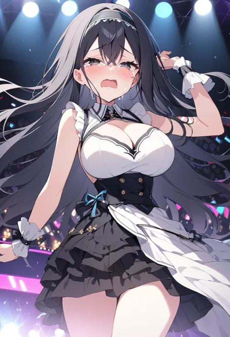 black eyes ,black hair, long hair, hairband,, large breasts,, Live Stage, solo, crying