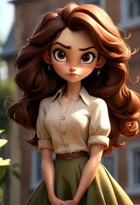 (Best quality, high resolution: 1.2), Ultra-detailed, (Realistic: 1.37) brunette, médium brown hair, brown eyes, small cheast, 30 years, full body, whith a skirt and shirt college style 