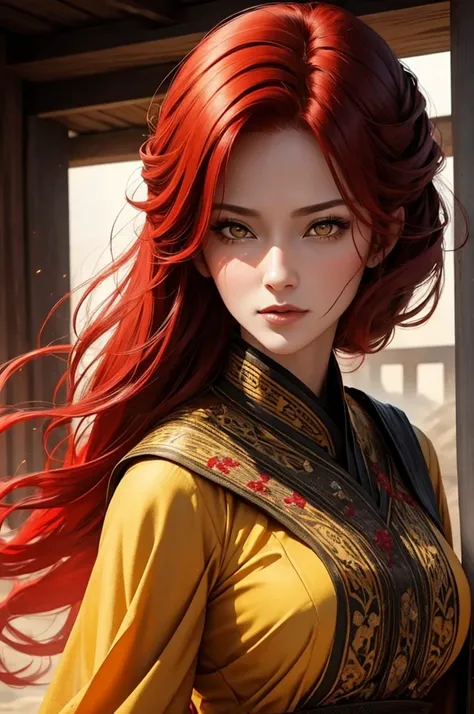 woman 40 years old.beautiful.red hair.yellow eyes.imperial clothes