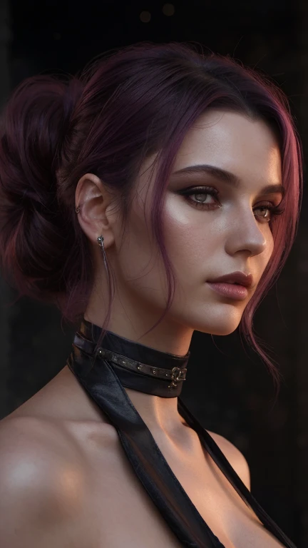 (27yo petrol hair girl:1.2), (choker:0.9), realistic skin texture, softcore, warm lighting, realistic, feuer im Hintergrund, Phynix, Fantasy 