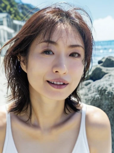 One Japan woman at 50 years old,  Middle-aged women: 0.32, Realistic, Exquisite face, alone, Large Breasts, Tight grey tank top. Beach, (White skin: 1.8,  ),   The look of temptation,  Warm lighting: Sunny day,