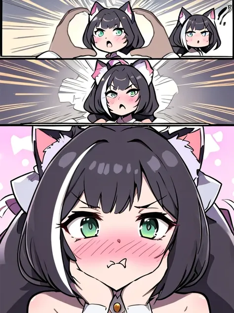 (masterpiece, highres, best quality:1.2), incrssnootchallenge, comic, 3koma, addbase :o , karyl, low twintails, cat ears, hair b...