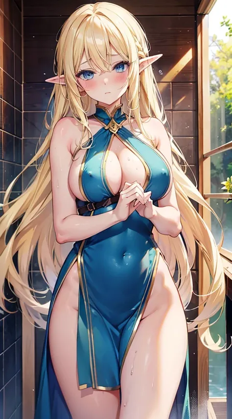 Blonde hair and blue eyes　Long Hair　Two Elves　lily　Lesbian　Lesbianピアン　Touching　Big Breasts　naked　Wet　Embarrassing　erotic　blush　Beauty　cute　highest quality　Touching the chest　shower room　bath