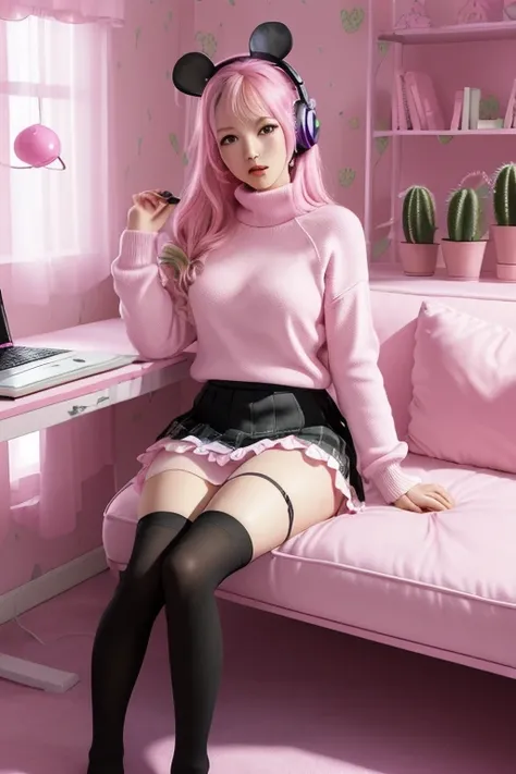 (((medium full shot))), (photorealistic, photorealism, best quality, ultra-detailed:1.3), (nice hands, perfect hands), official art, cinematic light, (1girl:1.3), adult, Pink Game room, pink, led lights, blue accents, girl gaming 25 years old, headset, sit...