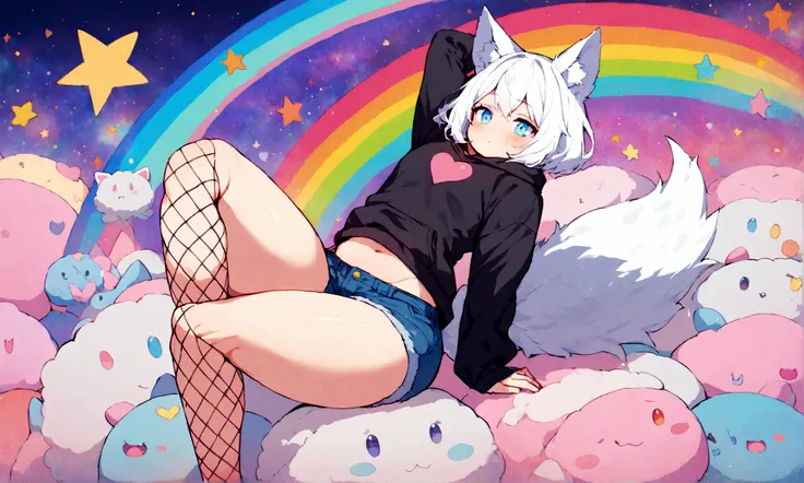 a cute adult male with wolf ears, white hair, has a wolf tail, wearing a loose cropped oversized black hoodie, wearing a pair of denim short shorts and fishnet stockings, thick thighs, wide hips, relaxing on mound of fluffy multi colored kawaii plushies, s...