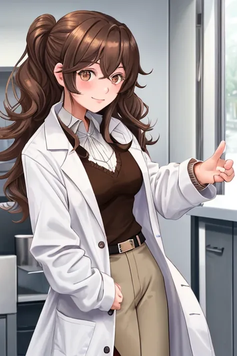 Italian girl, 25 years old, wavy brown hair, lab coat